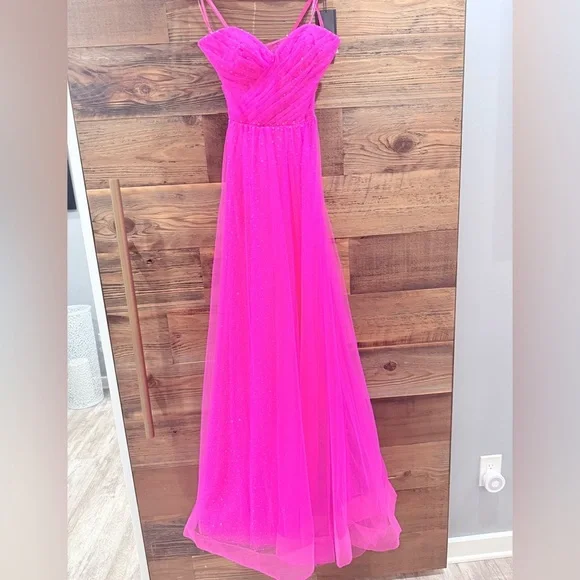 La Femme Hot Pink & Crystal Strapless Long Prom Ball Gown 31997 NWT - Picture 9 of 16